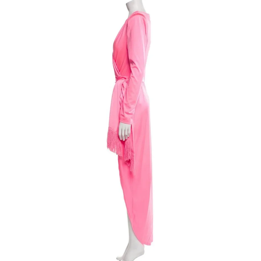 Bronx and Banco Electric Pink Maxi Sash Waist Dress Size Large Long Sleeve Slit - Picture 3 of 16